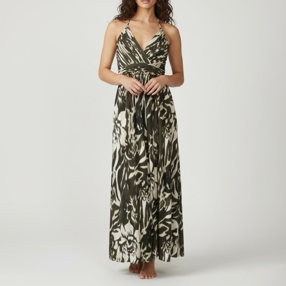 ADRIANNA PAPELL Olive Green White Abstract Print Halter Maxi Summer Sun Dress 8